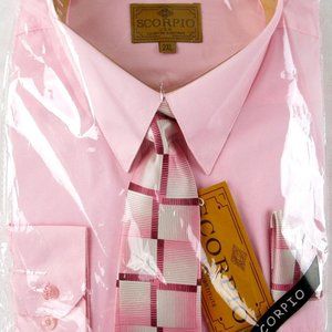 NWT Scorpio Men's 3 Pc. Pink Dress Shirt, Tie & Pocket Square Set, Size 2XL